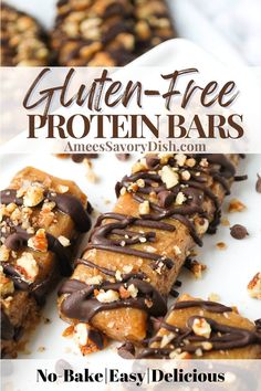 no bake gluten - free protein bars with chocolate drizzled on top