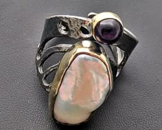 Pearl And Amethyst, Abstract Jewelry, Rings Sterling Silver, Large Stone, Greek Jewelry, Wide Ring, Wide Rings, Funky Jewelry, Fresh Water Pearl