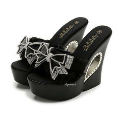 Womens Slippers High Wedge Heel Creepers Shoes Platform Bow Sequins Summer Beach | eBay Size 4 Shoes For Women, Size 6 Shoes, Cute Shoes To Wear With Dresses, Pretty Heels Black, Black Y2k Shoes, Gothic Shoes Heels, Y2k Platform Shoes, 2010s Heels, 2000 Heels