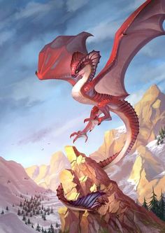 a red dragon flying over a rocky mountain