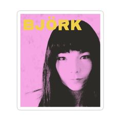 a woman with long hair and bangs in front of a pink background that says bork