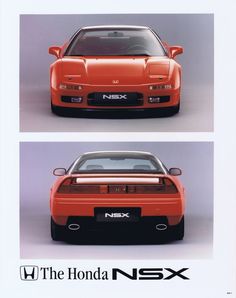 two photographs of the front and back of an orange sports car in three different views