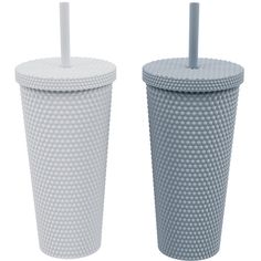 two plastic cups with straws in them are shown side by side on a white background