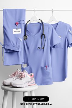 Our scrubs for women & men by the Easy Stretch collection are sure to be a staple in your wardrobe. Easy Stretch by Butter-Soft scrub collection is designed for a modern look and easy fit for very long shifts and made with performance 4-way stretch comfort fabric. Plus, our fur-friendly and wrinkle-resistant fabric makes them perfect for veterinary professionals. Don't wait - try Easy STRETCH by Butter-Soft Scrubs today and see the difference for yourself! #medicalscrubs #scrubs Scrub Styles Medical, Scrubs Photoshoot, Medical Scrubs For Women, Light Blue Scrubs, Medical Clothing, Scrubs Aesthetic, Scrub Designs Medical, Purple Scrubs Uniform, Scrubs For Women