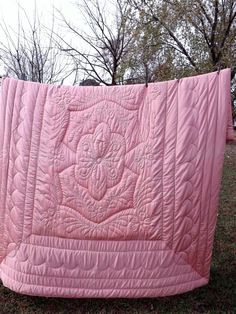 a pink quilt is hanging on a clothes line in the grass with trees behind it