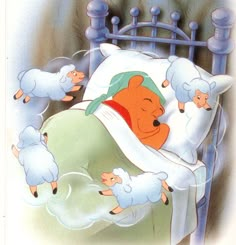 an image of a cartoon character sleeping in bed with sheep on the side and text that reads, i love dreams my dear friend