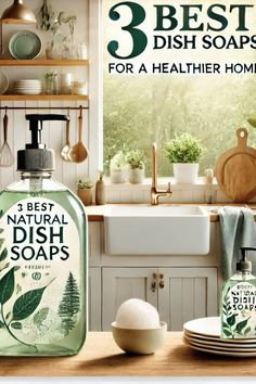 A bottle of eco-friendly dish soap surrounded by herbs, citrus, and wooden utensils, symbolizing natural and sustainable living. Healthier Choices, Toxin Free, Healthy Choices