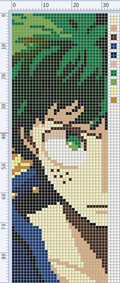 a cross stitch pattern that looks like the joker from dc comics, with green hair and blue eyes