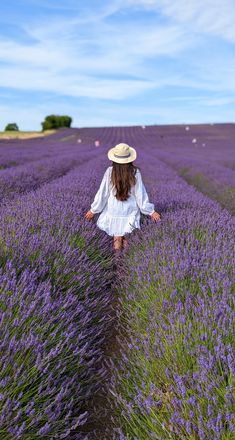 a woman in a hat walks through a lavender field