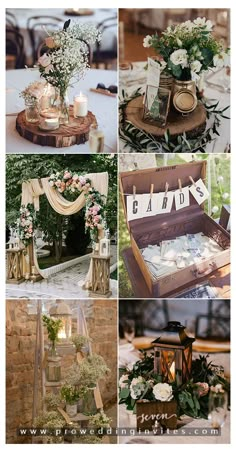 wedding decorations and flowers are arranged on the table