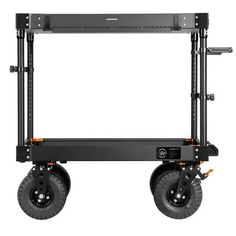 the dolly cart with wheels is shown in black and has an attached shelf for storage