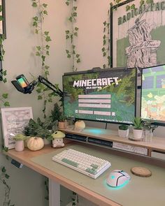 two computer monitors sitting on top of a desk next to a keyboard, mouse and plant