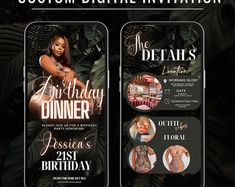 the birthday dinner flyer is displayed on two cell phones, with an image of a woman in