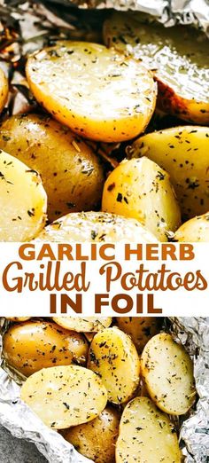 garlic herb grilled potatoes in foil with text overlay