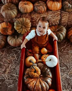 a baby sitting in a wagon filled with pumpkins and gourds on hay