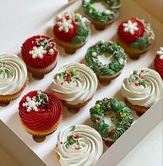 twelve decorated christmas cupcakes in a box