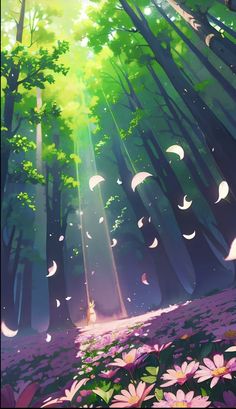 the sun shines through the trees and leaves in this anime forest with pink flowers