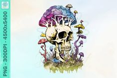 a drawing of a skull with mushrooms on it's head