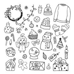 a black and white drawing of christmas items