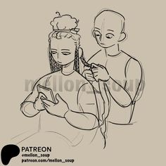 a drawing of a woman getting her hair done by a man who is looking at his phone