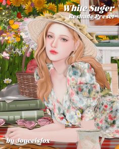 a digital painting of a woman sitting at a table in front of flowers and books