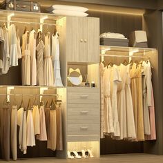 an organized closet with clothes and shoes on hangers, lights in the ceiling and drawers