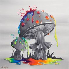 a painting of two mushrooms covered in paint