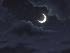 the moon is shining brightly in the dark night sky with clouds and stars above it