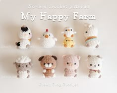 there are many small crocheted animals in the same row, each with a farm animal on it