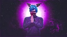 a man with blue hair and horns covering his face while standing in front of a purple background