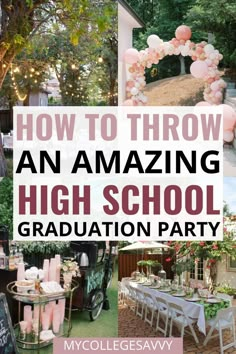 an amazing high school graduation party with pink and white balloons on the trees, tables and chairs