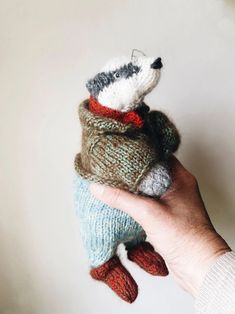 a hand holding a small stuffed animal in a sweater