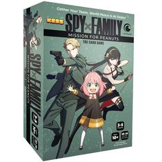 the box art for spy - family mission for peanuts, which includes two characters and an adult