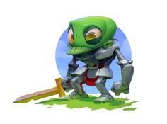 a green robot standing on top of a grass covered field next to a wooden fence