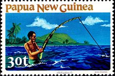 a stamp with a man fishing on the water