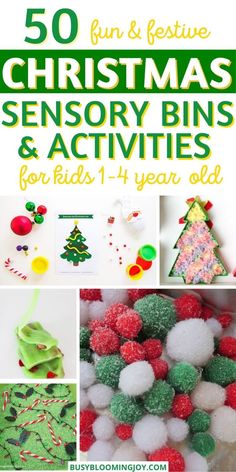 the cover of 50 fun and festive christmas sensory bins and activities for kids