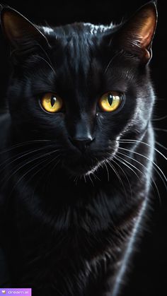 a black cat with yellow eyes is looking at the camera while it's dark