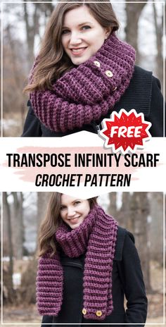 a woman wearing a purple crochet scarf with text that reads, transpose infinity scarf crochet pattern