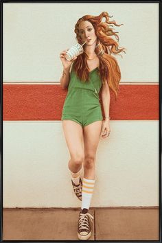 a painting of a woman in short shorts and socks drinking from a cup while standing against a wall