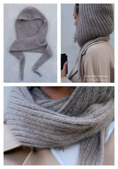 three pictures showing different ways to knit a hat and scarf with the same knitting technique