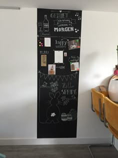 a blackboard with writing on it in a room