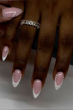 French Manicure Acrylic Nails Almond, Pearl Nail Designs Classy, Birthday Nails Pearls, French With Pearl Nails, Almond Pearl French Tip Nails, Almond French With Pearls, Birthday Nail Ideas Almond, Almond French Tip With Pearls, Pearl Prom Nails