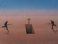 three soldiers are running towards a cross in the middle of a desert area with two crosses on each side