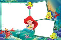 the little mermaid with her friends is holding an empty photo frame in front of them