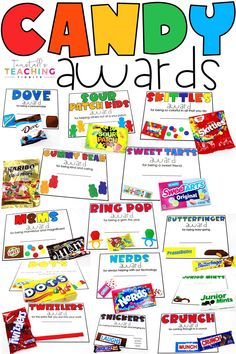 the candy awards poster is full of different types of candies and their name on it