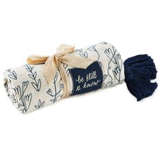 Let your faith blanket and comfort you whenever you snuggle under this woven cotton throw. This lightweight but snuggly blanket in soft ivory-colored cotton features vertical vines of indigo blue, a blue sewn-on patch with a simple Bible verse, and coordinating blue tassels on each corner. This charming throw blanket makes a lovely addition to your own home or a sweet housewarming gift or wedding gift for friends in faith. | Ivory woven cotton blanket from DaySpring features blue vine illustrati Blanket With Tassels, Bohemian Blanket, Prayer Closet, Wedding Gifts For Friends, A Bible Verse, Psalm 46 10, Be Still And Know, Blue Tassel, Vine Design