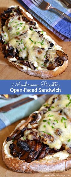 an open faced sandwich with mushrooms and cheese