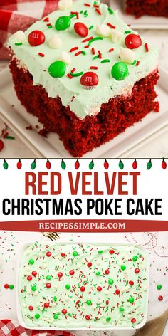 red velvet christmas poke cake with white frosting