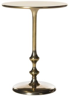 a gold pedestal table with a glass top and metal base on an isolated white background