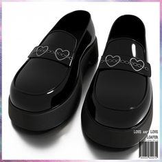 a pair of black shoes with hearts on them